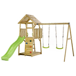 KANGUI Aire de jeux portique en bois WOODI - Double balançoire, toboggan, mur d'escalade, bac à sable, cabane, échelle