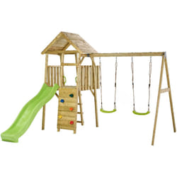 KANGUI Aire de jeux portique en bois WOODI - Double balançoire, toboggan, mur d'escalade, cabane, échelle