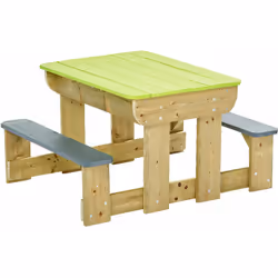 Découvrez notre table de pique-nique pour enfant en bois massif avec deux bancs. Fabriquée à partir de bois de qualité supéri ...