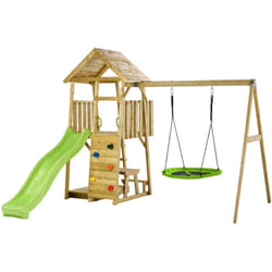 Aire de jeux portique en bois woodi - Double balançoire ou Nid, toboggan, mur d'escalade, bac a sable, table pique nique, cabane, échelle - Kangui