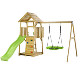 Aire de jeux portique en bois woodi - Double balançoire et nid Ø100cm, toboggan, mur d'escalade, bac a sable, cabane, échelle - Kangui
