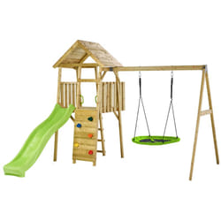 Aire de jeux portique en bois woodi - Double balançoire et nid Ø100cm, toboggan, mur d'escalade, cabane, échelle - Kangui
