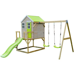 Kangui - Maison de jardin enfant extérieur avec plateforme, toboggan et double balançoire - Toit étanche - Vert et Blanc