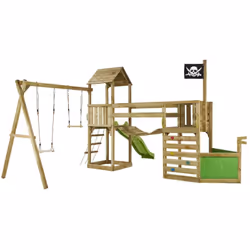Aire de jeux pirate en bois avec vigie willi - Balançoire, trapèze, toboggan, mur d'escalade, cabane sur plateforme, pont suspendu - Kangui