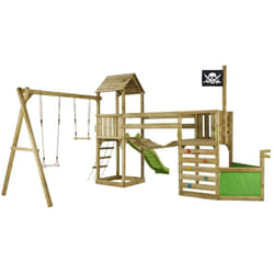 Aire de jeux pirate en bois avec vigie willi - Balançoire, trapèze, toboggan, mur d'escalade, cabane sur plateforme, pont suspendu - Kangui