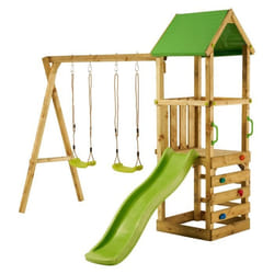 KANGUI Aire de jeux bois enfant WALLI 90 - Toboggan balançoires escalade et cabane