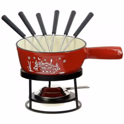 Service à fondue Chalet Table&Cook HHF-078 spécialement conçu pour les fondues savoyardes. Ce service à fondue contient 6 fou ...