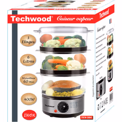 Techwood TCV-364 cuiseur vapeur 3 Nombre de paniers Comptoir 400 W Noir, Acier inoxydable