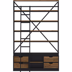 Bibliothèque 160 cm en bois et métal avec échelle, 4 tiroirs - Kasi