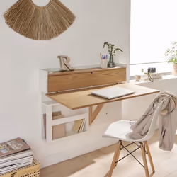 Bureau mural rabattable chêne et blanc 100cm - avec passe câbles
