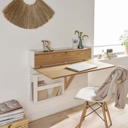 Bureau mural rabattable chêne et blanc 100cm - avec passe câbles