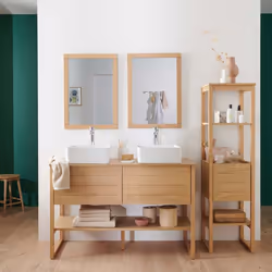 Meuble sous vasque plaqué chêne naturel ATOLL 120cm+vasque+miroir carré+colonne