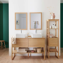 Meuble sous vasque plaqué chêne naturel ATOLL 120cm+vasque+miroir carré+colonne