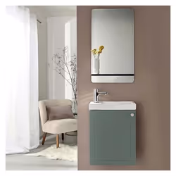 Meuble lave-mains AVA vert de gris + miroir tablette blanche + rob chromé