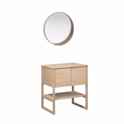 Meuble sous vasque plaqué chêne naturel ATOLL 70cm + miroir rond