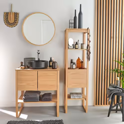 Meuble de Salle De Bain Chêne 70 cm ATOLL + Colonne + Miroir Rond 60 cm + Vasque ronde noire 37 cm