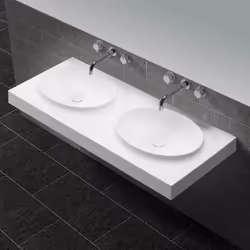 Découvrez le nouveau lavabo Design en composite blanc mat avec deux vasques ovales moulées. Plan vasque 120 cm de forme recta ...
