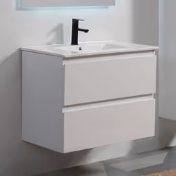 Description générale Le meuble de salle de bain suspendu City de 80 cm en blanc avec un plan vasque en céramique brillante al ...