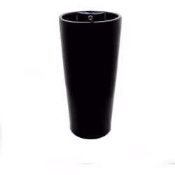 Tendance, le lave main totem rond à poser au sol en céramique noir brillant, s'installe avec un robinet surélevé. L'arrière e ...