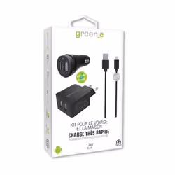 GREEN_E Kit 2USB fastcharge car + secteur + Cable type C - 13m - Blanc