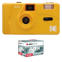 KODAK Pack M35 Argentique + Pellicule APX 100 36 poses - Appareil Photo Kodak Rechargeable 35mm Jaune Objectif Grand Angle Fixe