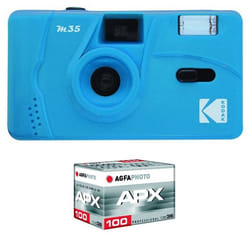 KODAK Pack M35 Argentique + Pellicule APX 100 36 poses - Appareil Photo Kodak Rechargeable 35mm Bleu Objectif Grand Angle Fixe