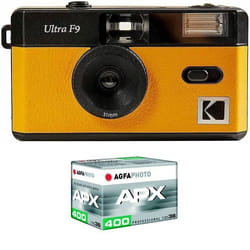 KODAK Pack F9 Argentique + Pellicule APX 400 36 poses - Appareil Photo Kodak Rechargeable 35mm Jaune Objectif Grand Angle Fixe
