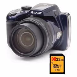 KODAK Pixpro AZ528 + Carte Mémoire SD 32 Go - Appareil Photo Bridge 16 MP Zoom 52X 85MB/s Lecture 25MB/s Écriture - Bleu Nuit