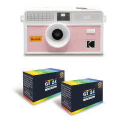 KODAK i60 - Appareil Photo Réutilisable 35mm, Style Rétro, Sans Mise au Point, Flash Intégré Pop-up - Blanc et Rose bébé + 2 Pellicules Couleur 24 Expositions