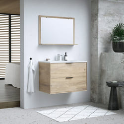 Ensemble salle de bain - Meuble suspendu 2 tiroirs - Vasque intégrée - L80 x P45 x H55 cm - Miroir - BEVEL