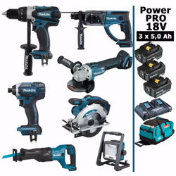 Pack Power PRO MAKITA 18V 7 outils 3 batt 5Ah comprenant: - 1 Perceuse visseuse 18V 91Nm DDF458 - 1 Perfo-burineur SDS-Plus 1 ...