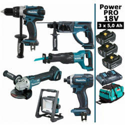 Makita - Pack Power pro 6 outils 18V: DDF458 + DHR202 + DGA504 + DTD152 + DJR186 + Projecteur + 3 batt 5Ah + sac