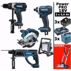 Pack Power PRO MAKITA 18V 5 outils 3 batt 5Ah comprenant: - 1 Perceuse visseuse 18V 91Nm DDF458 - 1 Perfo-burineur SDS-Plus 1 ...