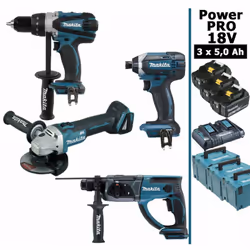 Pack Power PRO MAKITA 18V 4 outils 3 batt 5Ah comprenant: - 1 Perceuse visseuse 18V 91Nm DDF458 - 1 Perfo-burineur SDS-Plus 1 ...