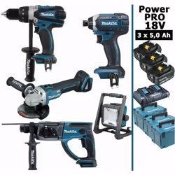 DESCRIPTION GÉNÉRALE Pack Power PRO MAKITA 18V comprenant 5 outils et 3 batteries 5Ah : 1 Perceuse visseuse 18V 91Nm DDF458 1 ...