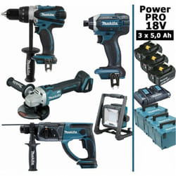 Pack Makita Power pro 18V: Perceuse 91Nm DDF458 + Meuleuse 125mm DGA504 + Perforateur 2J DHR202 + Visseuse à chocs 165Nm DTD152