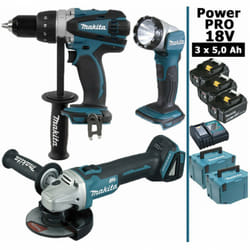 Makita - Pack Power pro 18V: Perceuse 91Nm DDF458 + Meuleuse 125mm DGA504 + Lampe + 3 batt 5Ah + 2 Coffrets Makpac