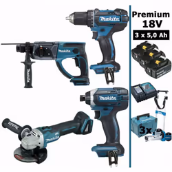 Pack Premium MAKITA 18V de 4 machines 3 batt 5Ah comprenant : - 1 Perceuse visseuse 18V 62Nm DDF482 - 1 Visseuse à chocs 18V  ...