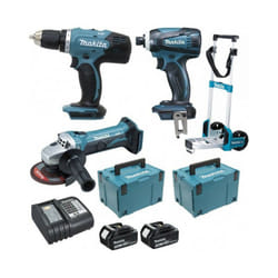 Makita - Pack Premium 18V 5Ah: Perceuse 62Nm DDF482 + Meuleuse DGA504 + Visseuse 165Nm DTD152 + 2 batteries + 2 Coffrets + chariot