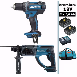 Pack Premium MAKITA 18V 2 machines 2 batt 5Ah comprenant : - 1 Perceuse visseuse 18V 62 Nm DDF482 : - 1 Perfo-burineur SDS-Pl ...