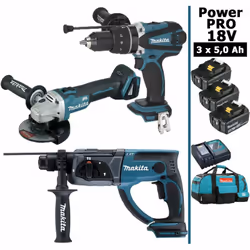 Pack Power PRO MAKITA 18V 3 outils 3 batt 5Ah comprenant: - 1 Perceuse visseuse 18V 91Nm DHP458 - 1 Perfo-burineur SDS-Plus 1 ...
