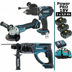Makita - Pack Power pro 18V: Perceuse 91Nm DHP458 + Perfo 2J DHR202 + Meuleuse 125mm DGA504 + 3 batt 5Ah + sac