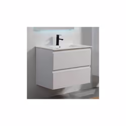 Le Meuble salle de bain suspendu City 90 cm blanc avec plan vasque en céramique blanc brillant est équipé de deux tiroirs fer ...