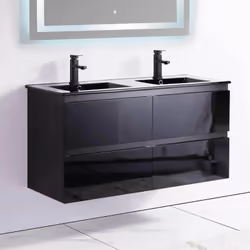 Craquez pour ce meuble de salle de bain double vasque en MDF 19 mm noir brillant, avec deux larges vasques encastrées en céra ...