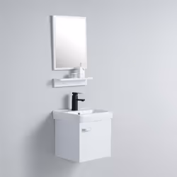 Pour les petits espaces, choisissez l'ensemble meuble lave main Daily composé d'un meuble MDF Blanc suspendu avec une porte e ...