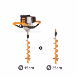 Tarière thermique Villager VPH 43 à moteur 42,7 cm3 développant une puissance de 1,5 cv. Lot de 2 vrilles de 15 et 25 cm. Tar ...