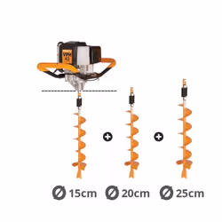 Tarière thermique Villager VPH 43 à moteur 42,7 cm3 développant une puissance de 1,5 cv. Inclus un lot de 3 mèches diamètre 1 ...