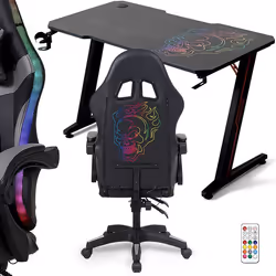 Amstrad Pack Bureau & fauteuil gamer - Largeur 1m20 - Design unique tête de mort arc-en-ciel - Eclairage LED 366 effets