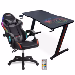 Amstrad Pack Bureau DESK120Z-SKRAIN & fauteuil gamer 900-LED-BK - 1m20 - Design carbone et logo tête de mort arc-en-ciel