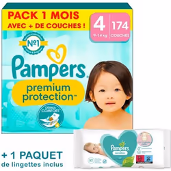 Couches Pampers Premium Protection Taille 4 - Pack 1 mois 174 Couches